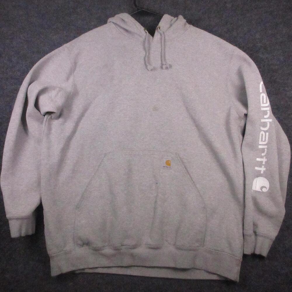 Carhartt Hoodie Mens XL Gray Sleeve Logo Fleece Pullover Workwear Original Fit